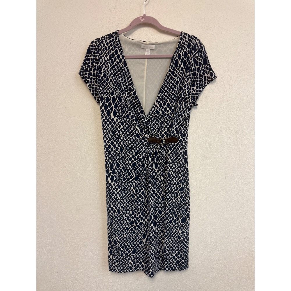 Charter Club Navy Blue White Snakeskin Faux Wrap Sheath Dress Buckle Detail M